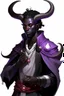 Placeholder: En Young male black skin black hair tiefling Wizard with large horns glowing Purple symbols Everywhere on his body. He's wearing silver and White Rope and a silver cloak. His horn a perfectly place on acet from the front to the back pointing upwards with glowing Red cat Eyes. His close is elegant get simple