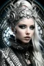 Placeholder: Beautiful faced young blond winter queen biomechanical woman, wearing silver goth punk metallic filigree floral face masque, adorned with goth punk silver metallic diadem headress, wearing biomechanical amalgamation style leather jacket dress ribbed with silver floral metallic filigree biomechanical vantablack pattern, organic bio spinal ribbed detail of gothic winter snowy backround extremely detailed maximalist hyperrealistic portrait