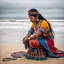Placeholder: a native Indian woman, adorned in the vibrant colors and intricate patterns of her traditional attire, kneeling on the shore with a sense of purpose and reverence. Against the backdrop of an overcast sky that mirrors the somber hues of the sea, the woman is absorbed in her task, her hands and knees sinking into the cool sand as she sifts through its grains with gentle precision. Her eyes, dark and deep as the ocean itself, scan the shoreline in search of sea glass, those precious treasures worn