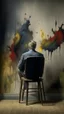 Placeholder: Bosch paint style nightmare, a rear view of a man sitting on a chair facing a wall ,