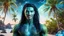 Placeholder: beautiful gorgeous young man na'vi with long hair, Avatar, blue skin, two small ears, green eyes, black hair, in cosmic suit, galactic ambiance, smiling, with spaceship and planets and palm trees and clear crystaline cosmic beach in background