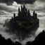 Placeholder: a black and menacing castle floating in midst air, hilly environment, cloudy sky