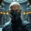 Placeholder: star wars bald male corellian jedi wearing gunmetal grey and black old republic armored flightsuit and breath mask with gold and metallic red trim inside the jedi temple, centered head and shoulders portrait, hyperdetailed, dynamic lighting, hyperdetailed background, 8k resolution, volumetric lighting, light skin, fully symmetric details