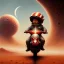 Placeholder: 1yo little boy is on safari on the moon. riding on the red dinosaur bike. he has big and a funny hat. High detailed. Cinematic. oil on canvas painting. Warm lights. beksinski