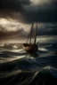 Placeholder: A real photographic landscape Super wide ,Ominous sky , Sailing boat , Wooden boat, Lotus , Huge waves,