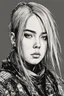 Placeholder: Billie Eilish as a goth punk mercenary huge girl, illustration by Yoji Shinkawa and Katsushika Hokusai, finely detailed facial features, finely drawn and inked, 4k, symmetric, hyperdetailed , obsidian and metallic blue tones