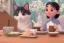 Placeholder: A cat wearing clothes is sitting at a table eating sushi. Manga style. Perfect iris. Paws. Mug with cat face