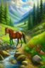 Placeholder: walking in mountains by stream, horse caterpillar, prize winning oil painting,book cover illustration