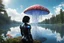 Placeholder: photorealistic photo of a woman with black hair, dressed in an android suit, looking out over a lake, at a mushroom with jellyfish tentacles with tall narrow cloud trees in the background