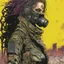 Placeholder: front facing full length portrait illustration of a grunge armored female with beaded dreadlock hair cyberpunk vampire mercenary with gas mask, telecommunications headset, and shemagh, highly detailed with gritty post apocalyptic textures, toxic irradiated landscape, finely detailed facial features and hair, in the graphic novel style of Bill Sienkiewicz, and Jean Giraud Moebius, with elements of collage, mimeograph, and pen and ink, realistic light and shadow