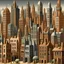 Placeholder: A grayish copper brown city with jazzy instrument shaped buildings painted by Grant Wood