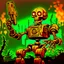 Placeholder: 90's TCG art retro fantasy art of rusted skeleton robot with laser gun