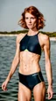 Placeholder: beautiful anorexic woman, standing frontal, short triathlon swimsuit, short length wavy haircut, photographed by sports illustrated, red hair