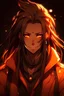 Placeholder: Anime male, age 22, long thick dreadlocks doing down past neck length, orange highlights in hair, dark brown natural hair color, black and orange zip up jacket, deep orange eyes, lean slim muscular body, cybernetic features on face, glowing orange cybernetic features in hair, relaxed smile