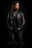 Placeholder: full body portrait of a fit woman with chest tattooed extremely muscular body in expensive designer leather jacket