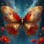 Placeholder: Alchemist's Water Butterfly wings of shimmering bronze and gold with bright red patches hovering over a flower made of water and gold