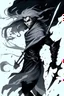 Placeholder: elf, male, with flowing grey robes, no armor, with two sabres, in the field, with a storm overhead, dynamic pose, darkest dungeon style, black and white