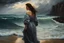 Placeholder: create a classical-abstract-realist fantasy painting of a lonely distraught woman with highly defined facial features, walking on the shore of a tempestuous sea in the style of Donato Giancola, Hans Memling, and Caravaggio, 8k, highly detailed, otherworldly and fantastic