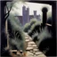Placeholder: Odd landscape odd brutalist, George Grosz, bright, weird, cespugli, sfocato, sentiero, osceno, dettagli della cornice molto accentuati, polvere, 1950, old