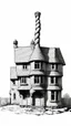 Placeholder: A highly detailed front elevation line drawing of a crooked fantasy house, with a twisted tall chimney, rooms and floors added to the sides and roofs, like Harry Potter's the Burrow.