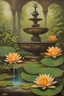 Placeholder: oil painting of exotic flowers and waterlilies, growing in a ditch, with a small steampunk fountain in the background