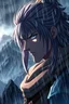 Placeholder: 3d anime warrior man portrait , detailed, sharp focus, pale lights, rain, storm, sharp focus, mountain, crepy, dark fantasy landscape, random background, professional anime art