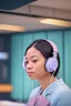 Placeholder: A simultaneous interpreter is sitting at a table with headphones with a microphone at a foreign briefing, the background is blurred, everything is in pastel colors,