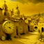 Placeholder: A golden yellow village with mystic clocks designed in ancient Egyptian pottery painted by Gustave Courbet