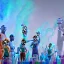 Placeholder: group of scientists is in the laboratory. invent new colors. smoke rises from multi-colored glassware. they are wearing overalls. color swatches in the background. hyperdetailed, orange and teal, warm colors, detailed painting, photorelistic, oil on canvas, light dust, futuristic. volumetric lighting