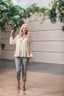 Placeholder: full body of very beautiful girl wearing pants and blouse ,white gray hair ,standing idle happy pose in studio pretty makeup