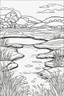 Placeholder: coloring page, pond in the field, cartoon style, thick lines, low detail, no shading