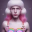 Placeholder: full body photo of smiling feminine pretty 19 year old boy wearing all pink girl's babydoll dress that is too small, with rainbow glitter eye make-up, flat chest, pronounced adam's apples, short and long pink hair, no body hair, no tattoos, lgbt, transgender, highly detailed, photo realistic, plain background, still shot, photo realism, full body photo, 8k high resolution, high detail, --ar 2:3 --v 4