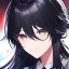 Placeholder: Clear focus, High resolution,floating shiny hair, black streaked hair,black long fluffy hair, choppy cuts hair,hair between eyes, extreme close up