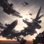 Placeholder: Armored Core fight another Armored Core fly in the sky in the desert with beside the ocean where you can see the space in the sky with twilight on the horizon, 4k resolution