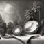 Placeholder: a still life composition like Pieter Claesz. - Graphite drawing, realistic, forest, pinetree, pinecones