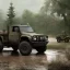 Placeholder: hyperrealistic shot, muddy military toy truck, monotone color palette, sharp focus, puddle reflection, tire water splash, refraction, mist on the horizon, shadowcast, detailed and intricate, cinematic composition, micro, tilt shift photography