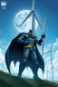 Placeholder: dc comics cover, giant batman holding a wind turbine, in a wind farm, very high quality, highly detailed, 4k