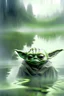 Placeholder: Earthy happy Yoda upclose in lake surrounded by foggy fores tarantino style no harsh green