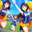 Placeholder: Clear focus,High resolution, three girls, wearing a cheerleader outfit, smiling, jumping, hair flowing