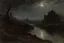 Placeholder: cloudy Night, mistery and enigmatic influence, disturbing, rocks, mist, vegetations, elevations, people, gothic horror films influence, jenny montigny, rodolphe wytsman, and willem maris impressionism paintings