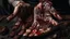 Placeholder: a woman's palms of her hands with dried and caked on blood all over them