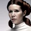 Placeholder: half-length color photography, three-quarter face pose of carrie fisher as Princess Leia with realistic fine and very simple short hair, entrancing deep brown eyes, Intricate, High Detail, Sharp focus, realism, beautiful and detailed lighting, Nikon D850, ef 85mm 5.6 by Annie Leibovitz