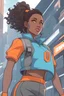 Placeholder: Young black woman with natural brown hair, vivid orange eyes, smug futuristic powder blue clothes with a skirt, urban background, RWBY animation style