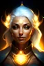 Placeholder: Generate a dungeons and dragons character portrait of the face of a female cleric of life, aasimar, who has tanned skin blessed by the goddess Selune. She has white hair and glowing eyes and is surrounded by holy light