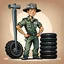 Placeholder: retro cartoon company mascot of a vehicle mechanic with a hint of forest ranger, holding a torque-wrench and next to a stack of tires