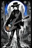 Placeholder: Mixed media picture, the background is black and white line art cyber city In the middle a colorful photo of an attraktive goth asian man playing on the old guitare , wearing goth dark cloths, shiny black jeans, steampunk black hat and black boots, his hair is deep blue-silver lines ans black colors, enhancing the contrast between her and the black and white cityscape space, cinematic