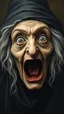 Placeholder: Bosch painting style , a portrait of an old wicked witch, her eyes all gray and are open wide , her mouth is ope like screening .