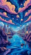 Placeholder: hyper illustration-surrealistic optical ilution scene tunel landscape city and blue sea reflecting sky textures background by Zöllner illusio style, half line vibrants psychedelic visual. admist meditation humanoid alien. reflecting side to rigth to confuse viewer