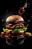 Placeholder: “Capture dynamic splashes of food in flying food photography” with a burger as the main subject, featuring splashes of toppings and seasonings, including splashes of ketchup. Use high-speed photography for a photorealistic surreal style, with a black background and a clean, minimalist backdrop. Include the table, the steam, the fire behind the steak. Create 3 advertising posters with professional-quality color grading, studio lighting, border lights, layered compositions and shoot them with an E