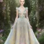 Placeholder: stunning couture gown designed by Marchesa inspired by fairytales, realistic soft pastel colors, detailed, high quality, intricate, fantasyland background,